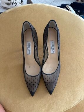 Jimmy Choo Black Mesh Pointed Toe Pumps with Polka Dot Detail